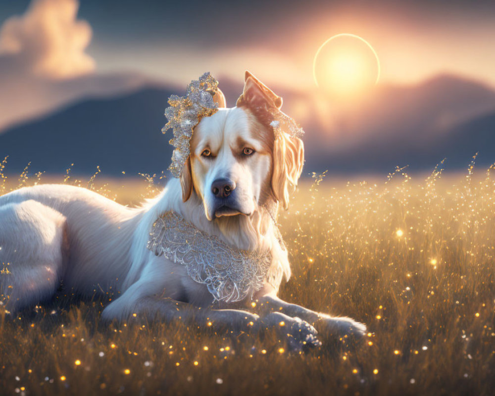 Lace-adorned dog in sunlit meadow with shimmering headpiece and glowing sunset