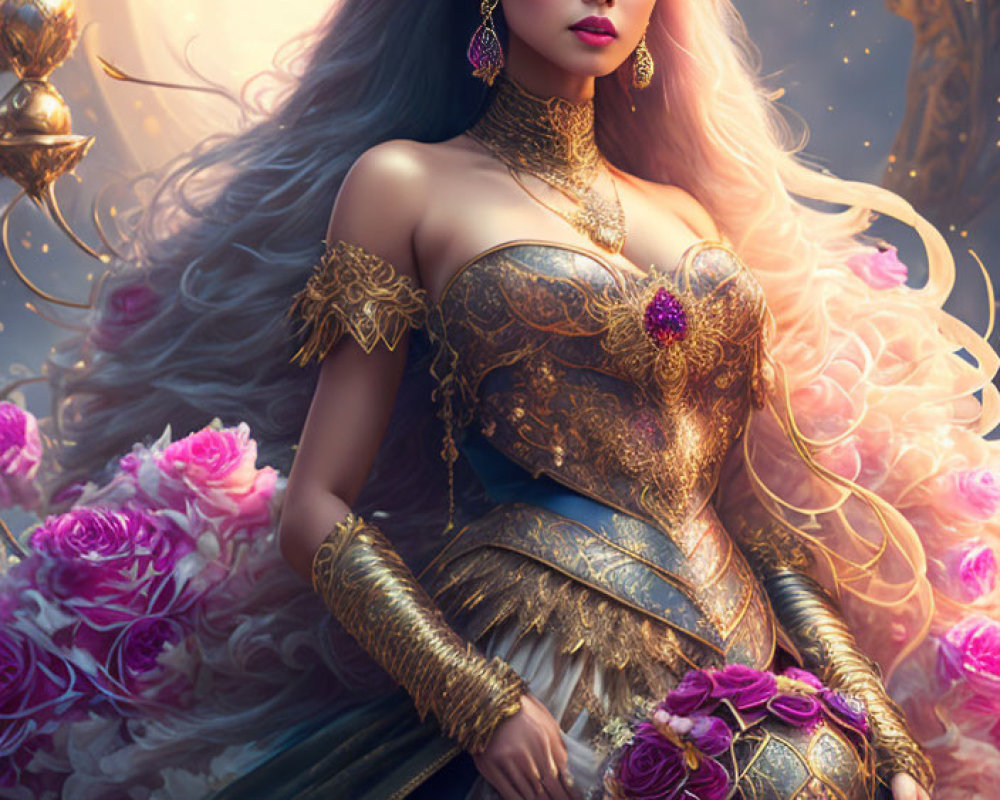 Luxurious golden dress with roses, floral crown, and orb against soft backdrop