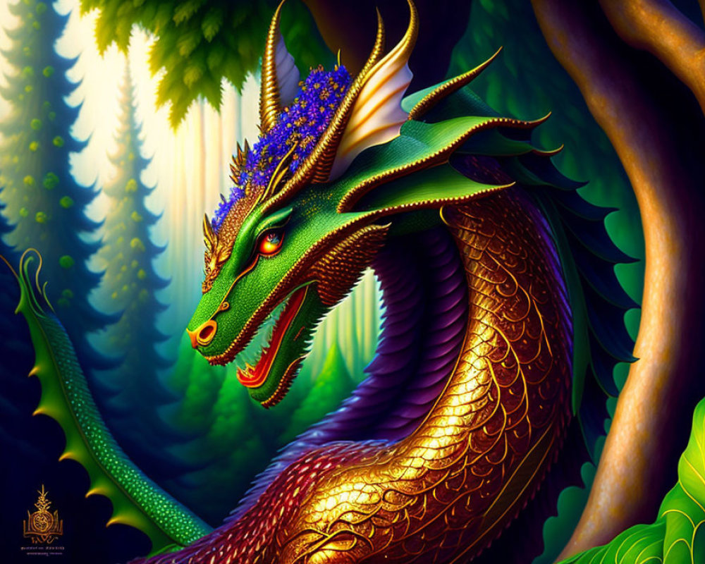 Colorful illustration of majestic dragon in lush forest