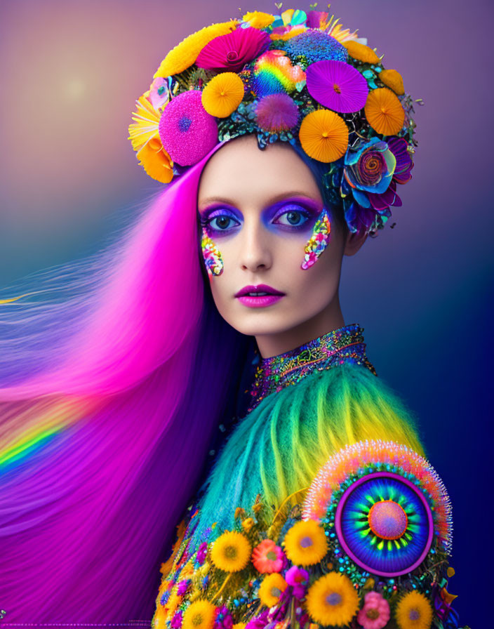 Colorful Woman with Vibrant Makeup and Floral Headdress