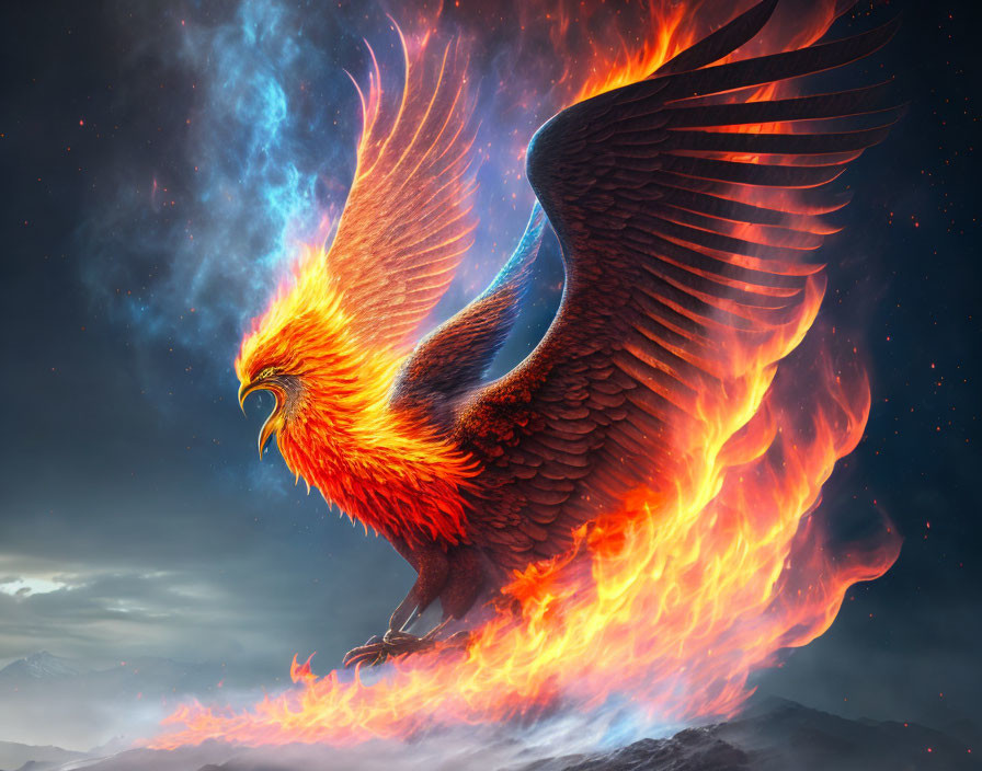 Majestic phoenix with fiery wings soaring over dramatic mountainous terrain