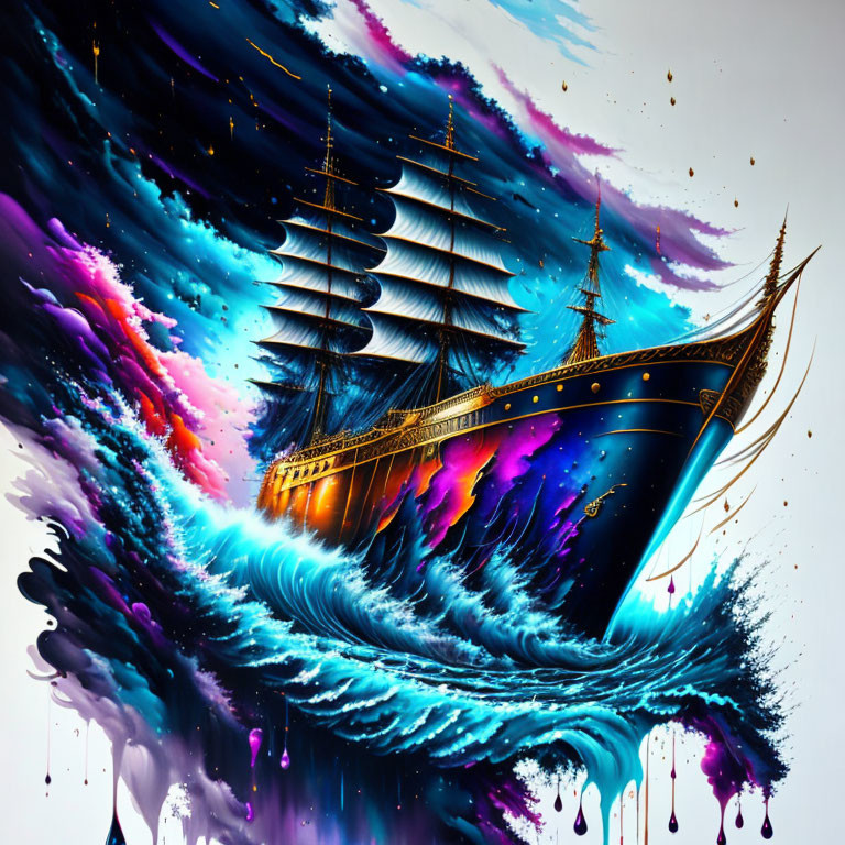 Fantastical artwork: grand ship sails through cosmic waves