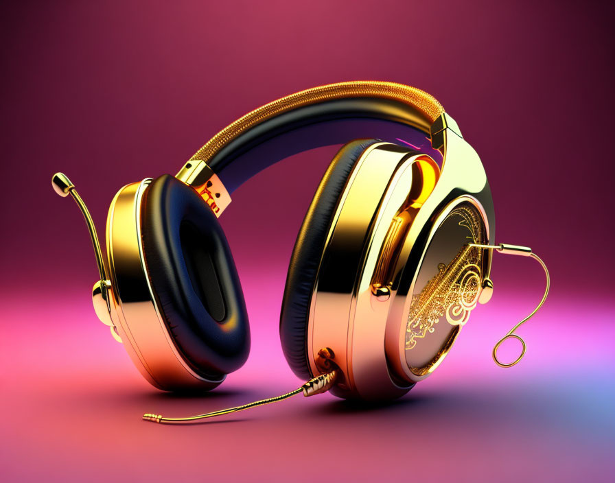 Stunning Gold and Black Headphones on Pink-Purple Gradient Background