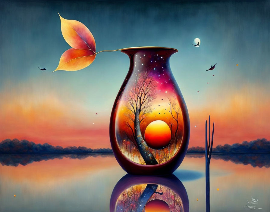 Surreal vase art with cosmic sunset, moon, birds, tree, and lake