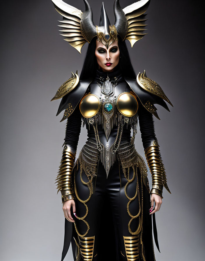 Elaborate fantasy costume with golden armor and dramatic makeup