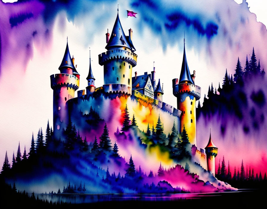 Fantastical castle watercolor painting with spires in forest setting