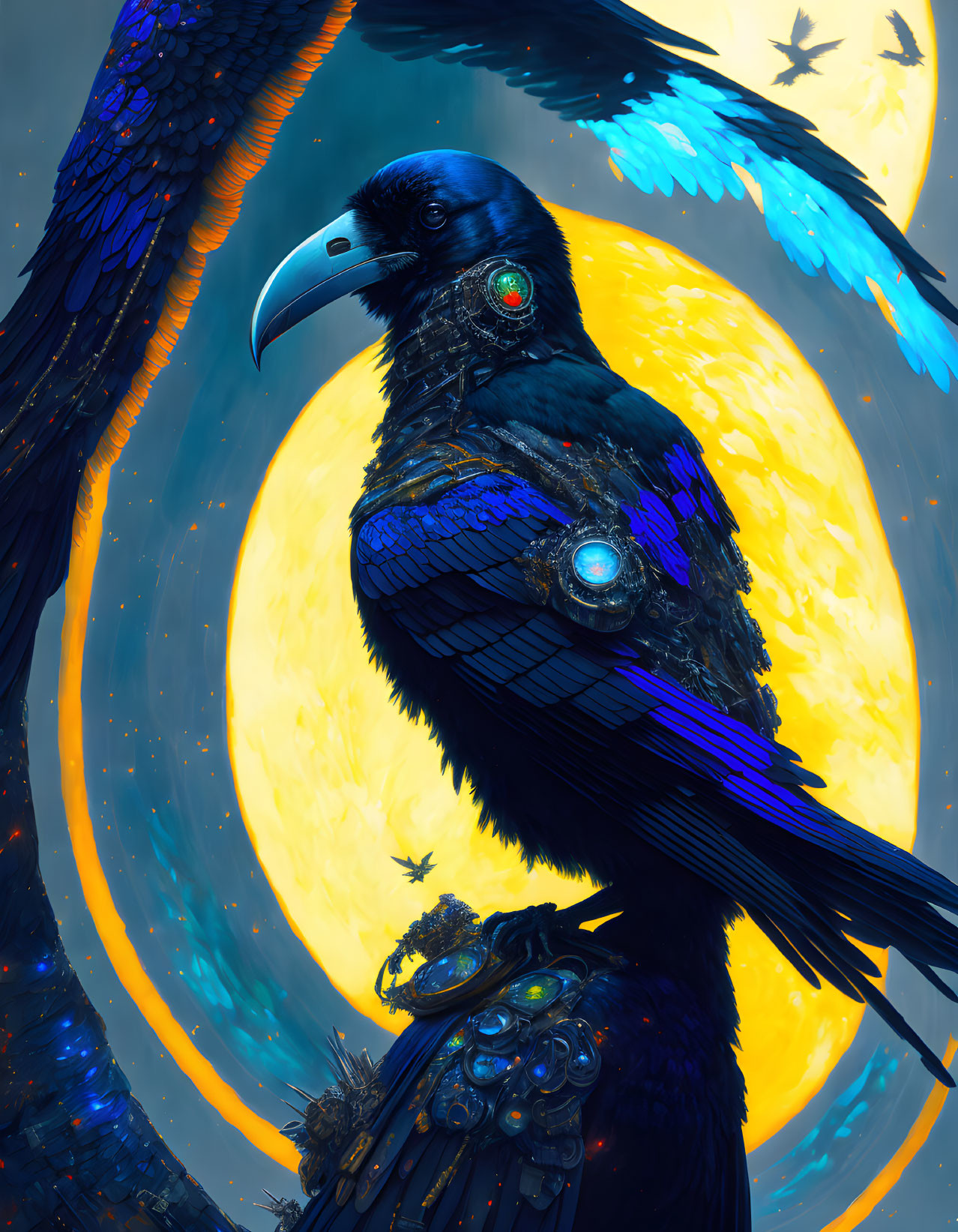 Majestic raven with shimmering jewels against luminous full moon