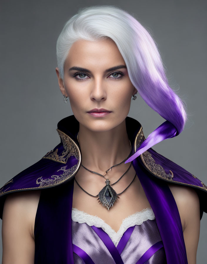 Striking white and purple hair woman in purple cape and silver pendant