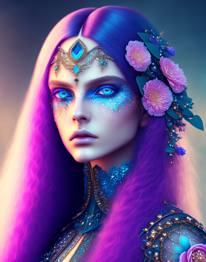 Surreal portrait of woman with purple hair, blue skin, and sparkling makeup