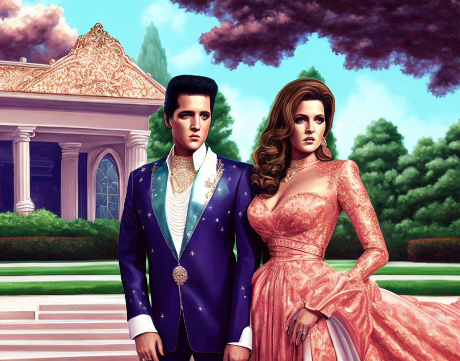 Digital illustration of elegant couple at mansion