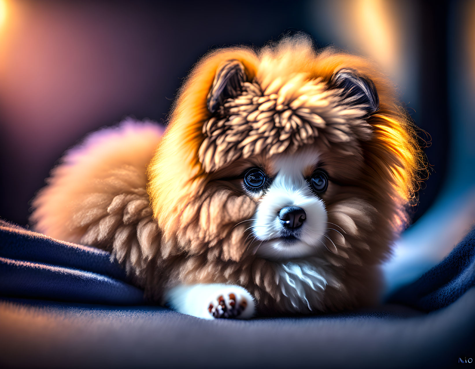 Fluffy Pomeranian Puppy with Lion-Like Mane on Soft Fabric