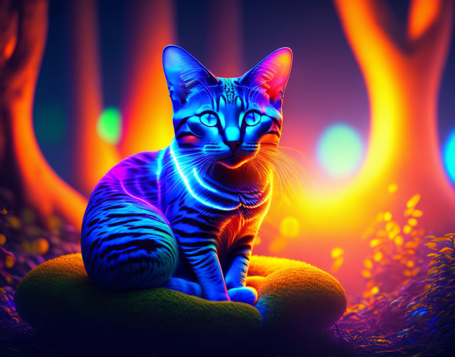 Neon-lit digital art: Cat with blue and orange stripes in mystical forest