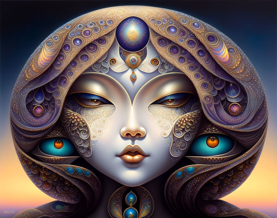 Surreal artistic depiction of female figure with metallic skin and vibrant eyes