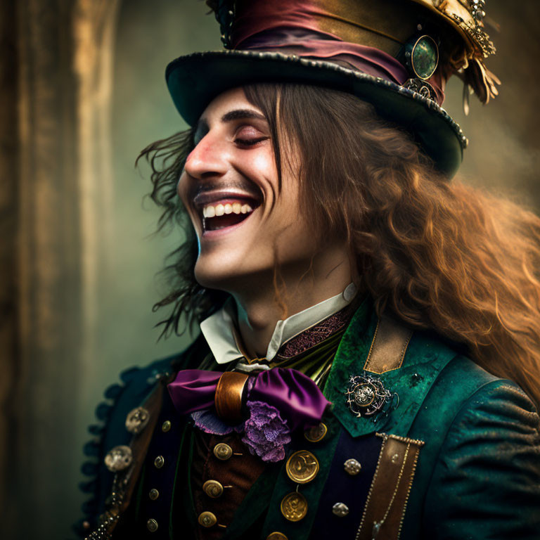 Curly-haired person in green jacket and top hat with gears, laughing happily