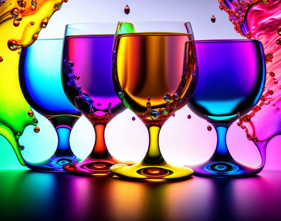 Vibrant liquid splashes in colorful wine glasses on multicolored background