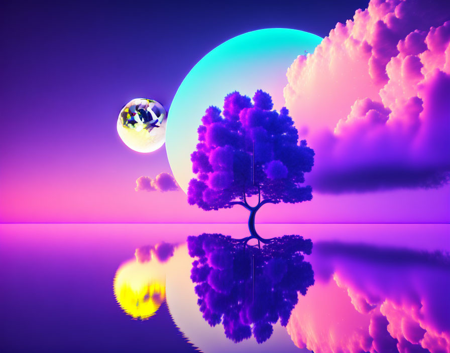 Surreal landscape with tree silhouette, glowing orb, moon reflection, and mirrored water.