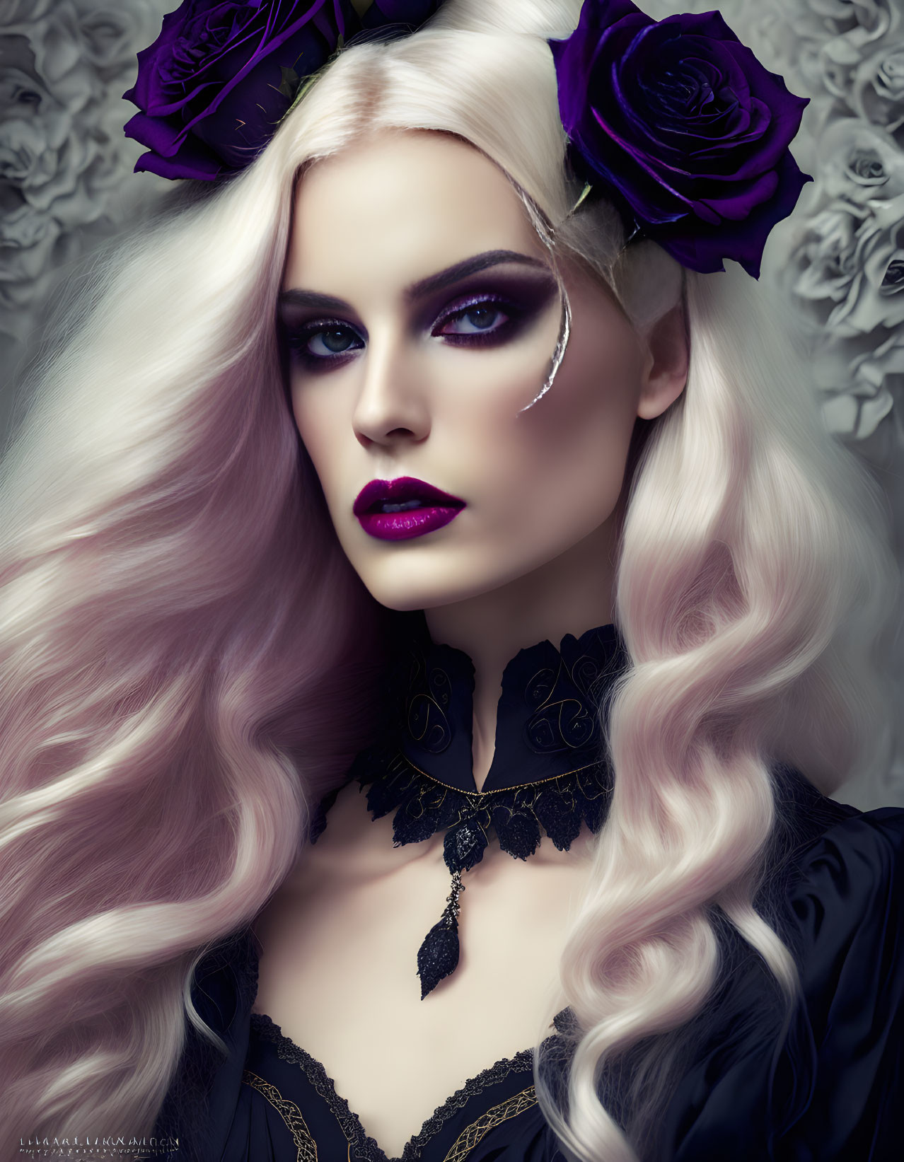 Platinum Blonde Person with Dark Makeup and Purple Roses