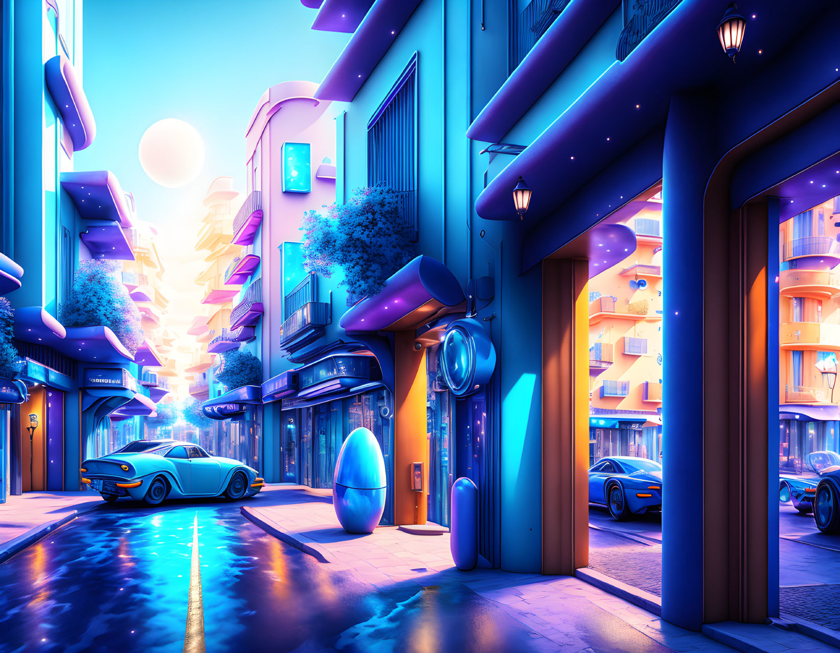 Futuristic city street at twilight with neon lights, sleek cars, and high-tech architecture