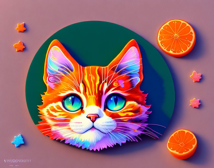 Colorful orange tabby cat with blue eyes and orange slices on purple background