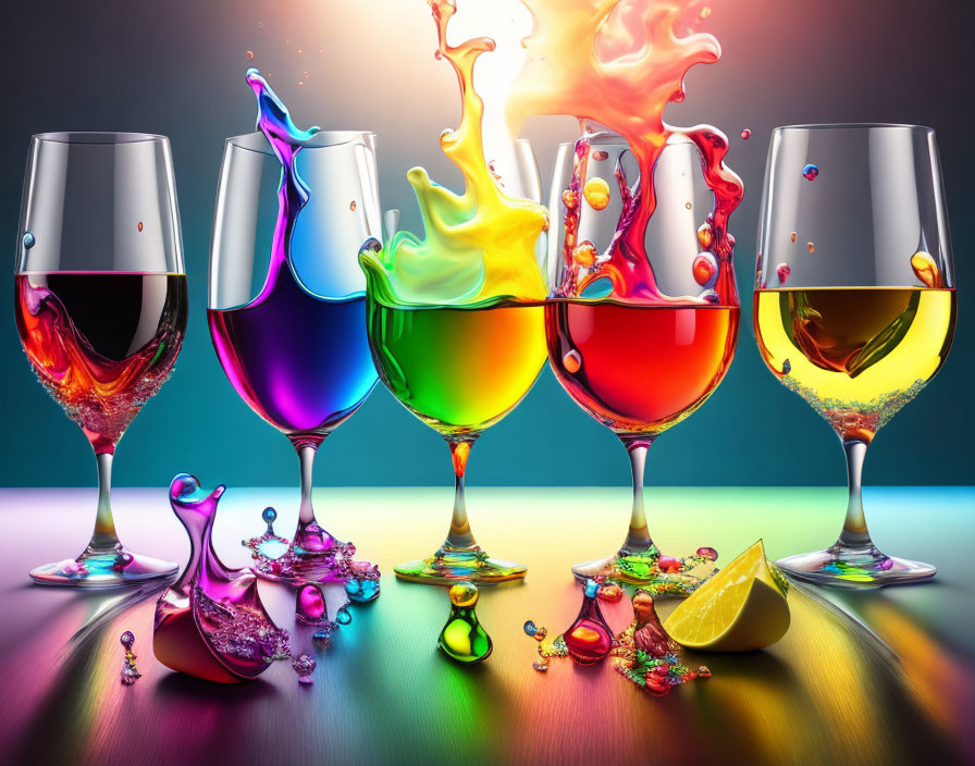 Colorful liquids splashing from five glasses on multicolored backdrop with lime.