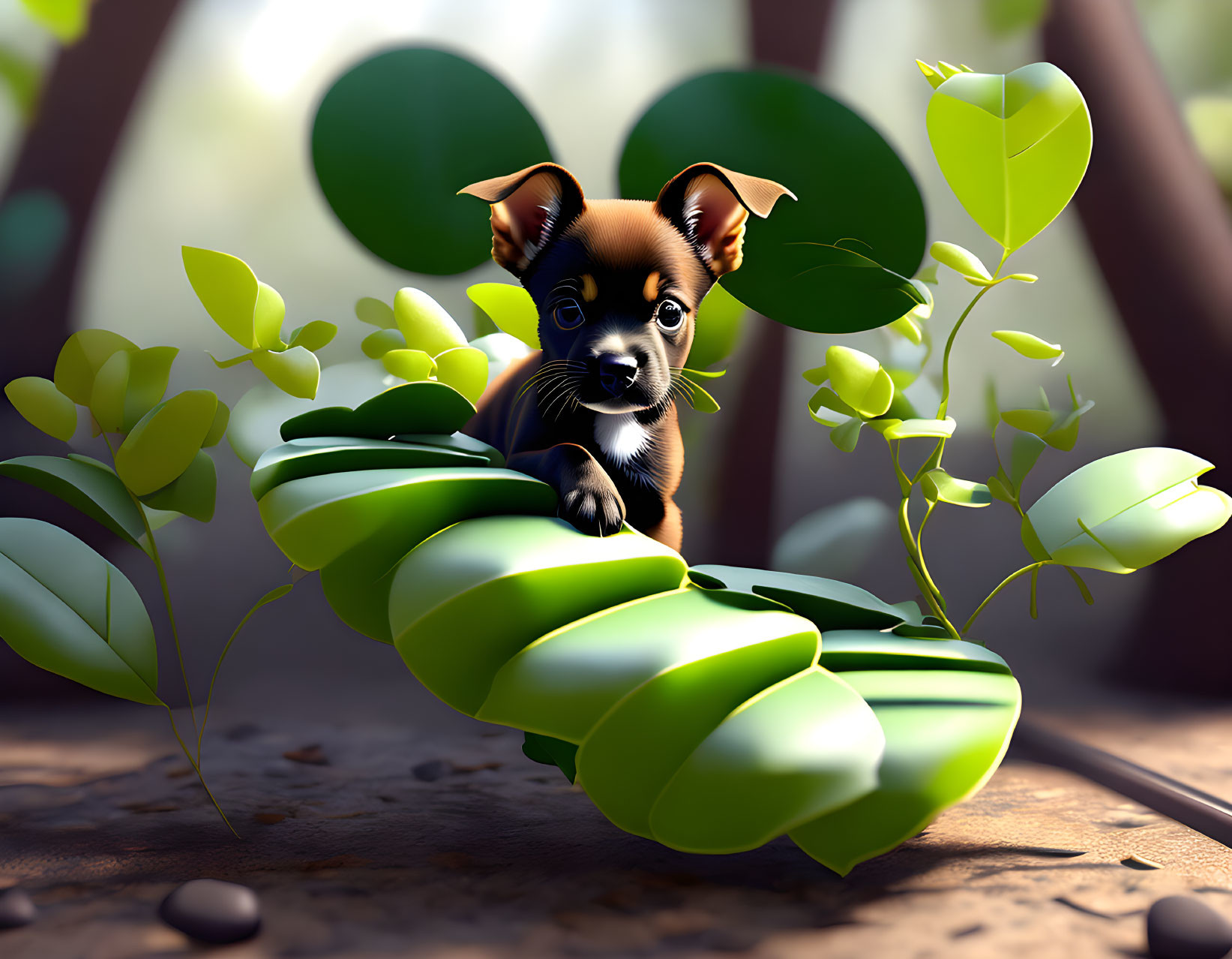 Animated puppy on green leaf in forest: Curious large-eared pup.