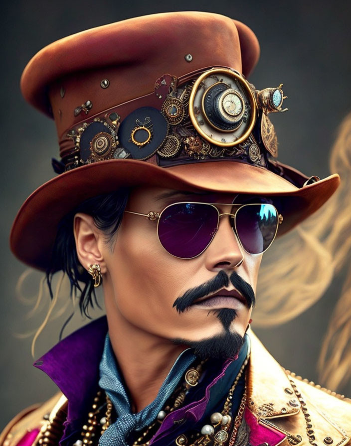 Steampunk-themed person with top hat, monocle, mustache, and round sunglasses