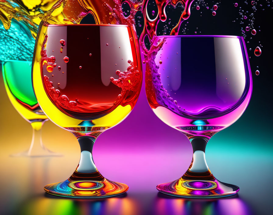 Vibrant liquids in colorful glasses on multicolored backdrop