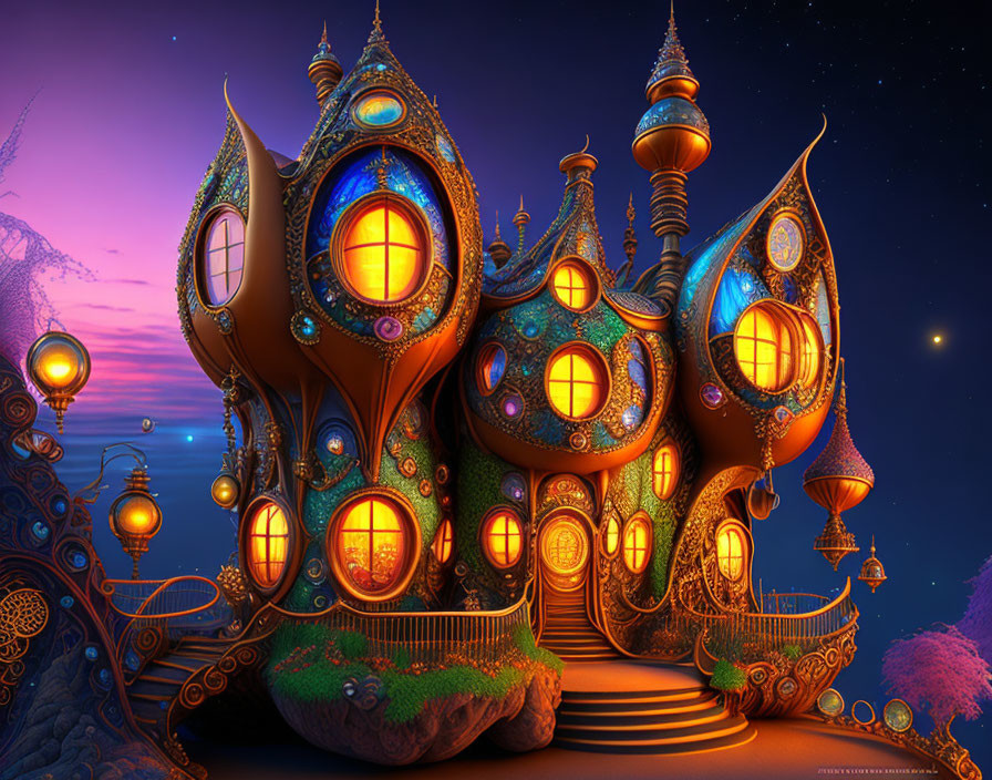 Whimsical glowing house in twilight with crescent moon