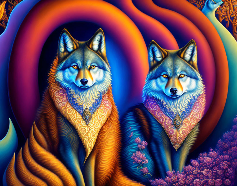 Vibrant stylized wolves with intricate patterns on colorful backdrop