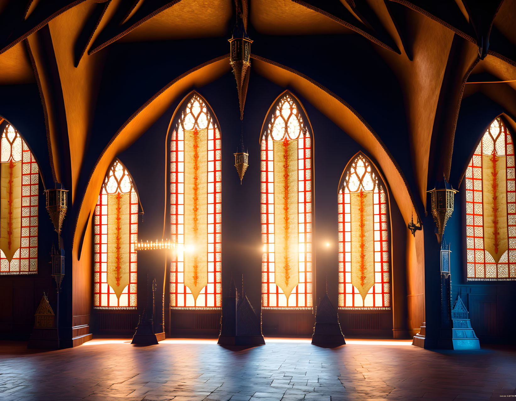 Intricate red stained glass windows in dimly lit Gothic hall