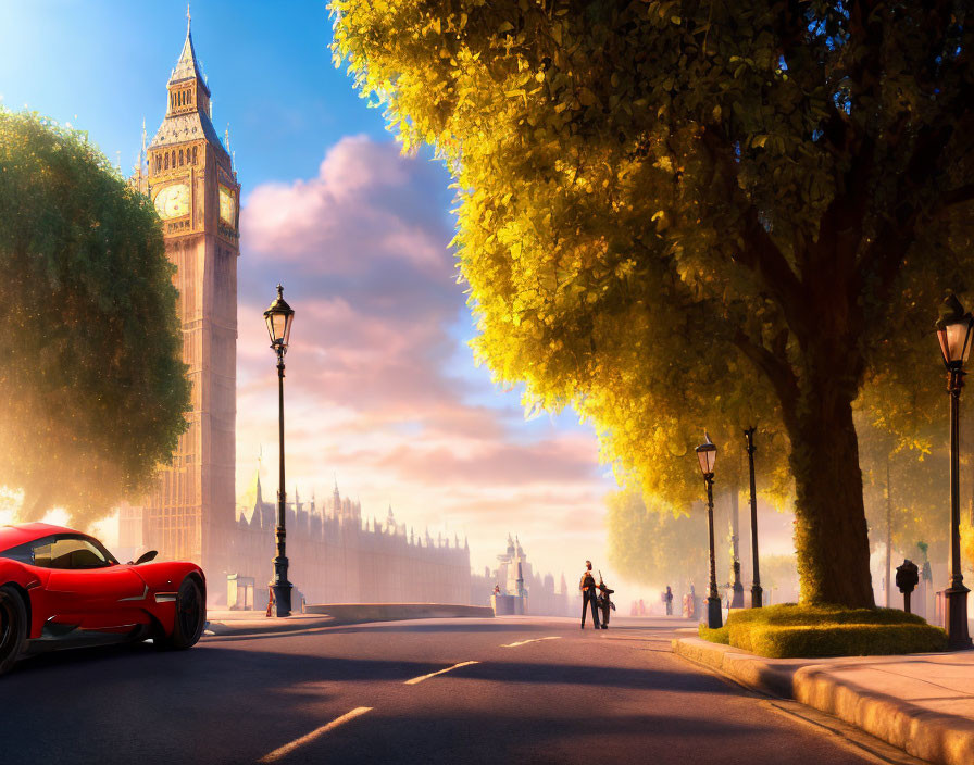 Red sports car parked near Big Ben in London at sunset with people walking