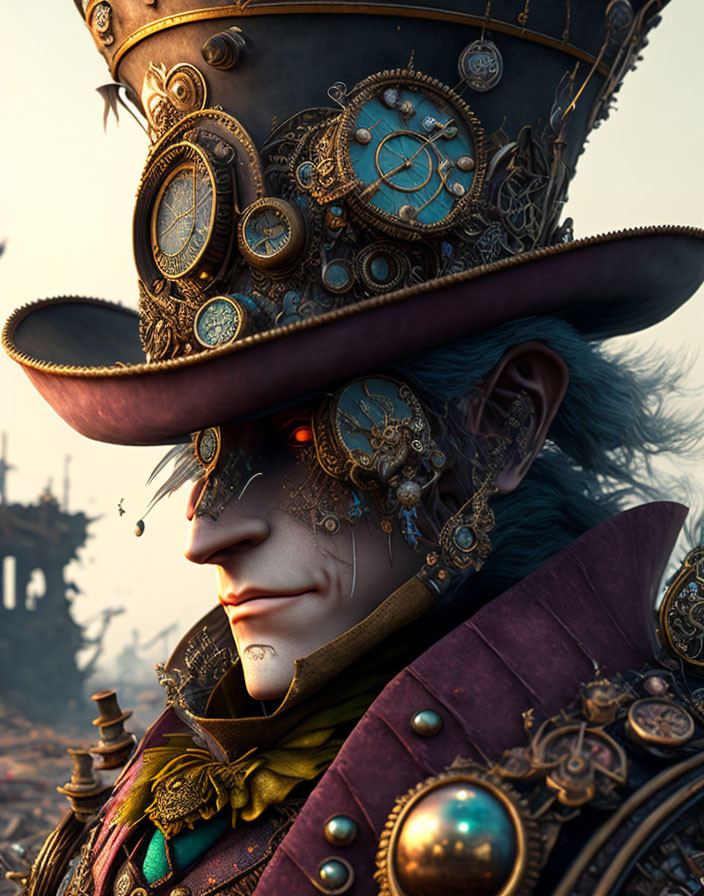 Steampunk-style character with top hat, monocle, and blue hair