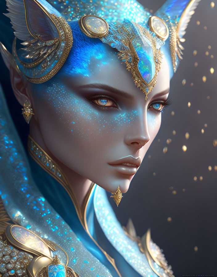 Fantastical character with cat-like ears and blue skin in golden headpieces on starry backdrop