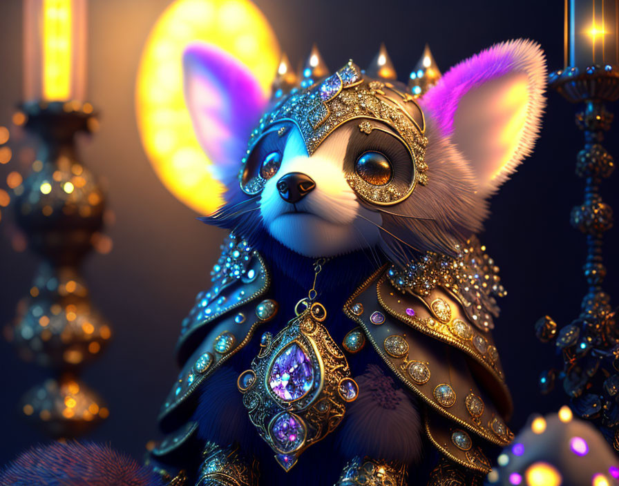 Fantasy blue fox adorned with gold and gemstone jewelry in soft lighting