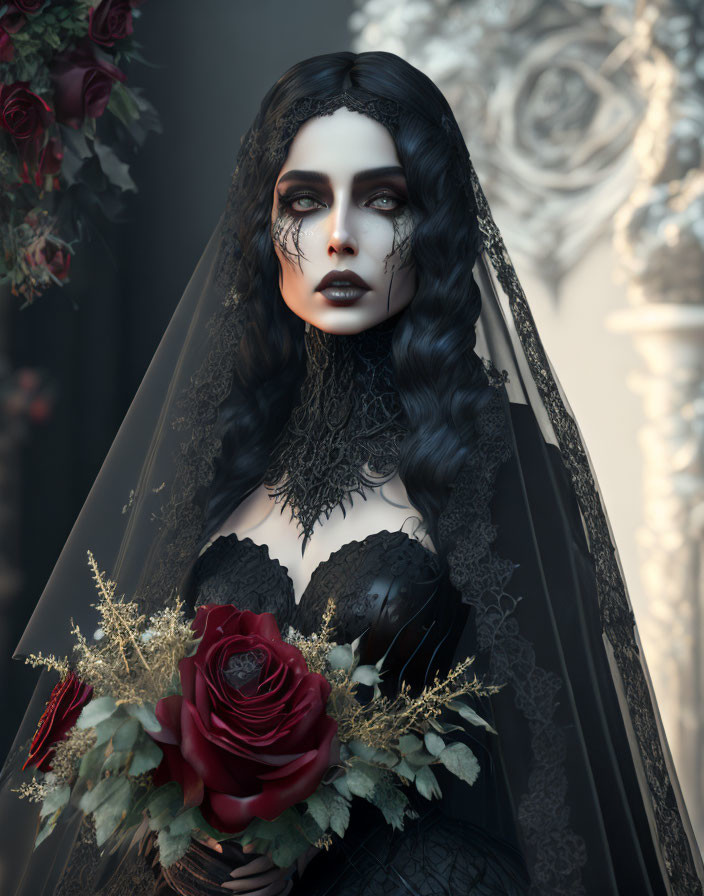 Gothic woman with red roses and dark floral arrangements