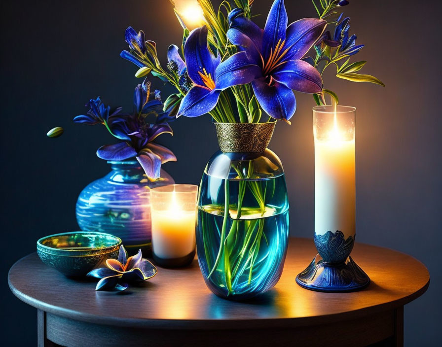 Tranquil still life with blue lilies, candle, and bowls