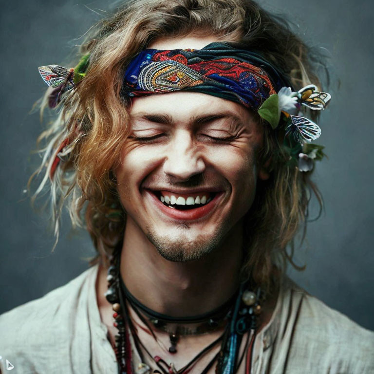 Smiling person with curly hair in colorful accessories on gray background