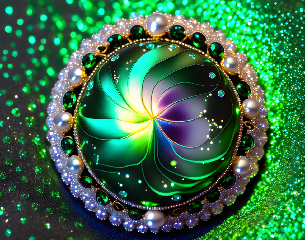 Iridescent Fractal Flower Design with Pearls on Green Background