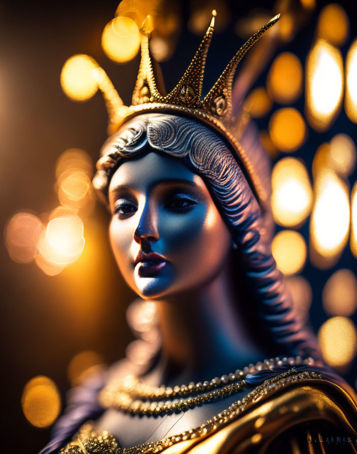 Detailed Golden Queen Figurine with Crown on Warm Bokeh Background