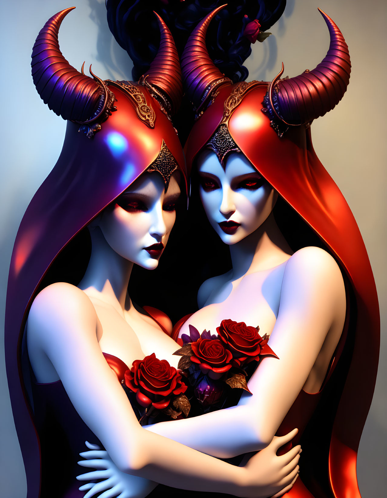 Stylized female figures with horns and red capes holding roses