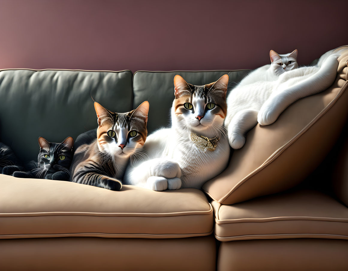 Three Cats Lounging on Sofa: Black, Gray, Golden Collar, White in Background