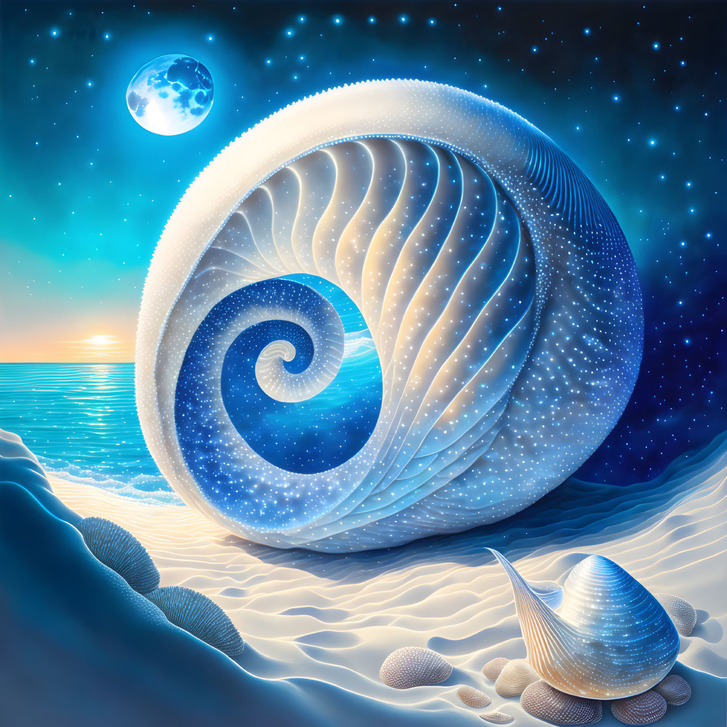 Large Glowing Nautilus Shell on Sandy Beach with Starry Sky and Moon