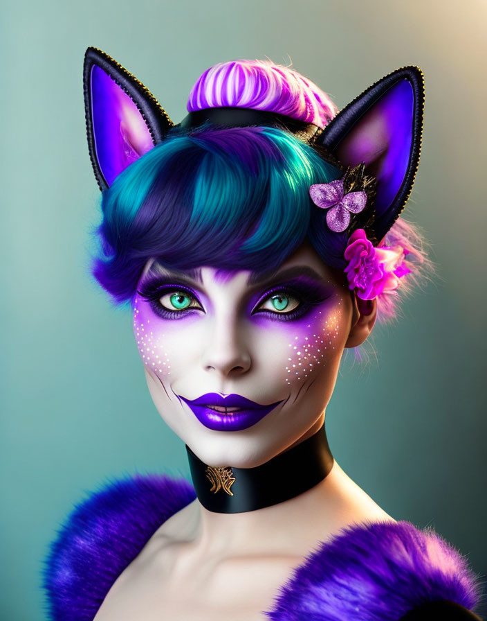 Portrait of person with cat-themed makeup in purple and blue hues, faux feline ears, and ch