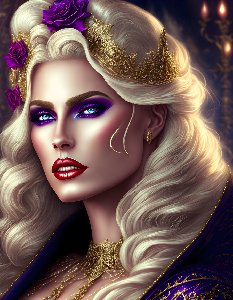 Digital artwork featuring fair-skinned woman with blue eyes, blond hair, flowers, and gold crown