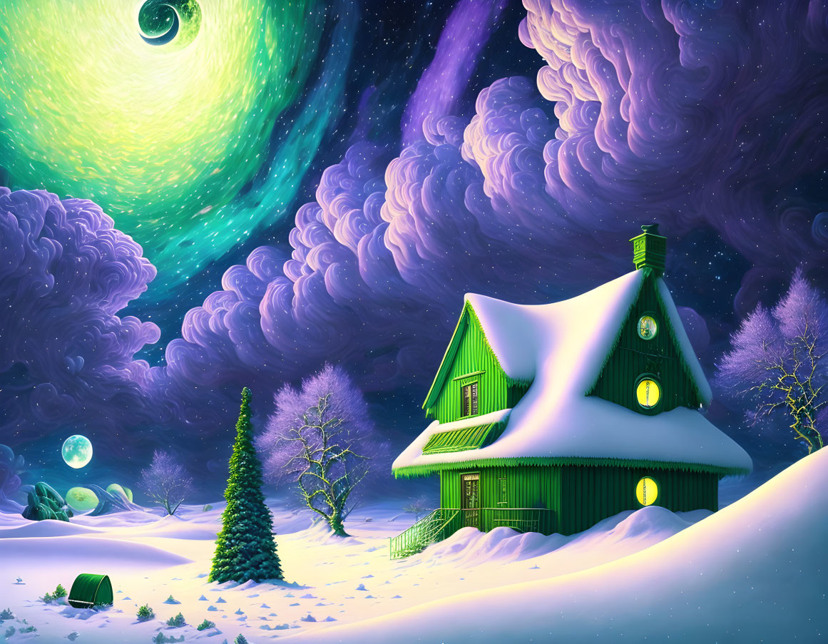 Winter night scene with snow-covered green house, lone pine, oversized planets, swirling purple clouds