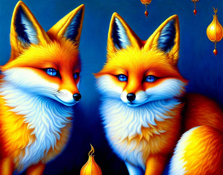 Vividly colored foxes with blue eyes on blue background with decorative elements