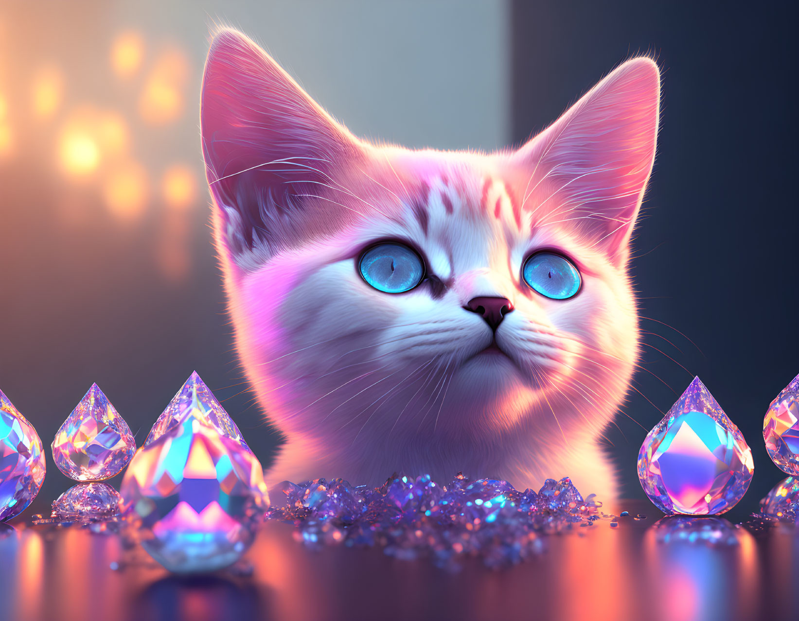 Surreal wide-eyed kitten with blue eyes amid sparkling gems