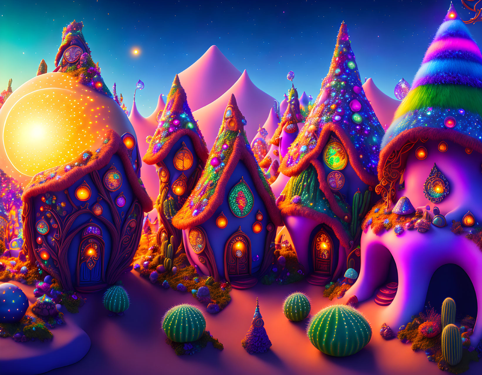 Colorful Mushroom Houses in Fantasy Landscape at Dusk