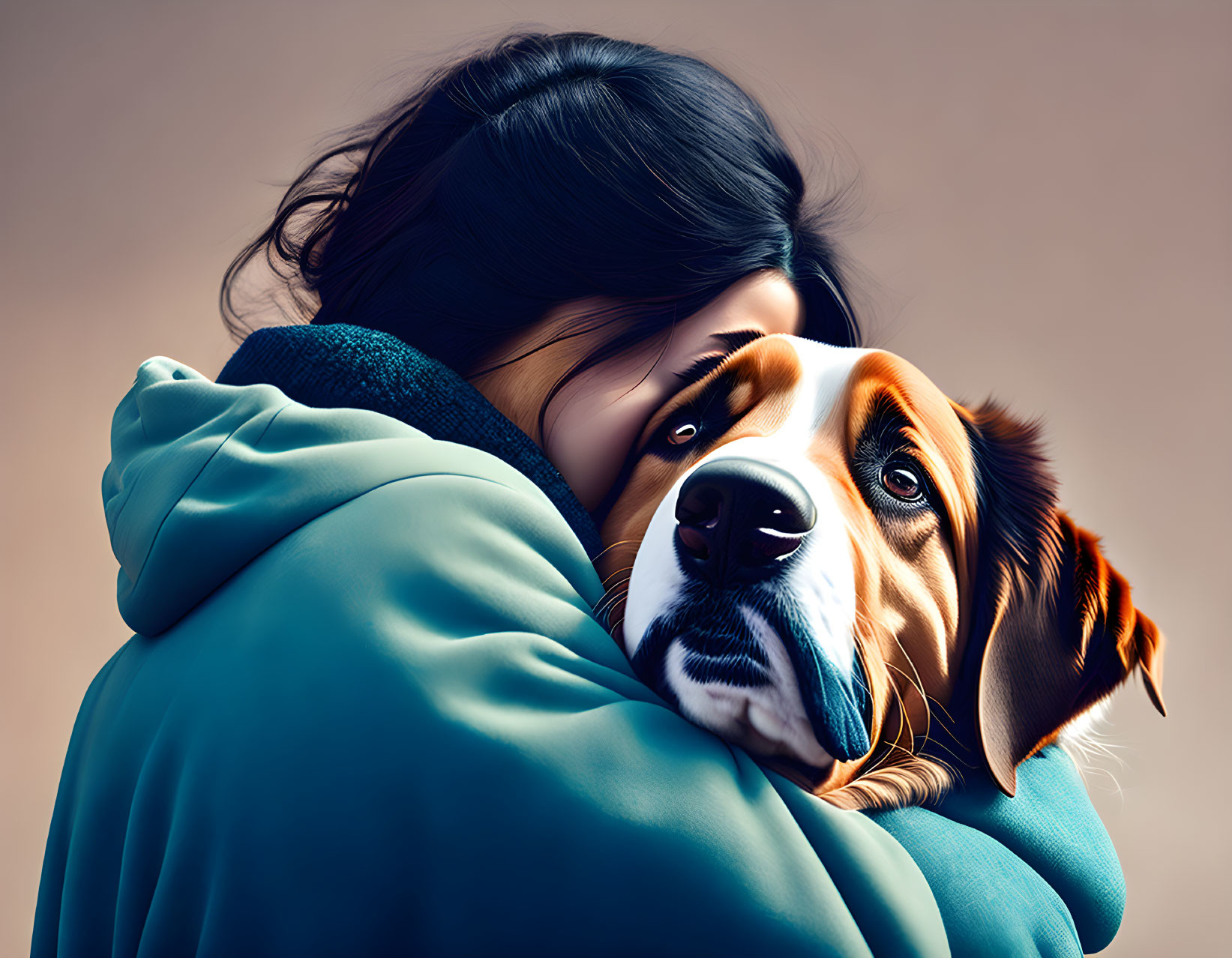 Woman in teal hoodie embracing calm brown and white dog