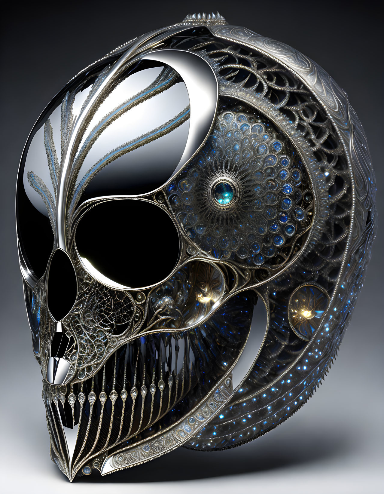 Intricate metallic skull with peacock feather design and jewel-like accents